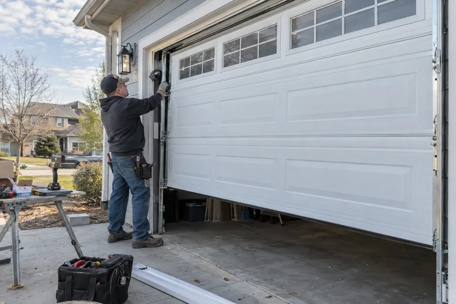 Illustrative garage doors scene; not an actual job