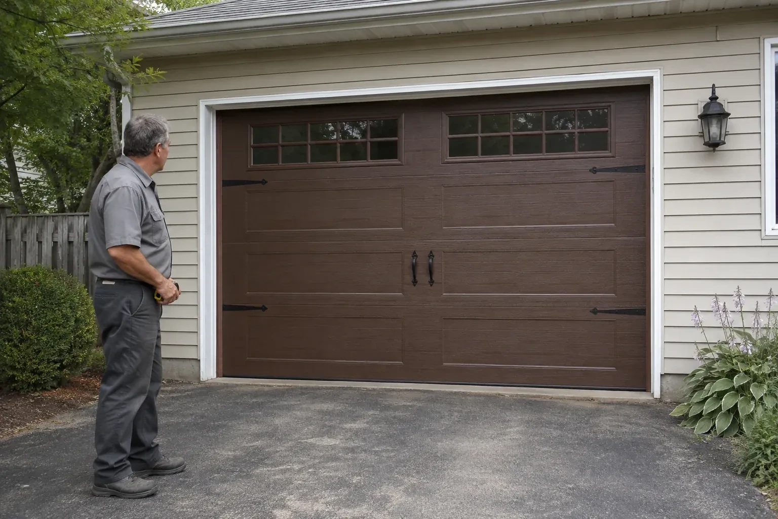 A person stands beside a closed brown garage door with upper windows and black decorative straps and handles. — Carriage-House Garage Door Installation, Whitchurch-Stouffville