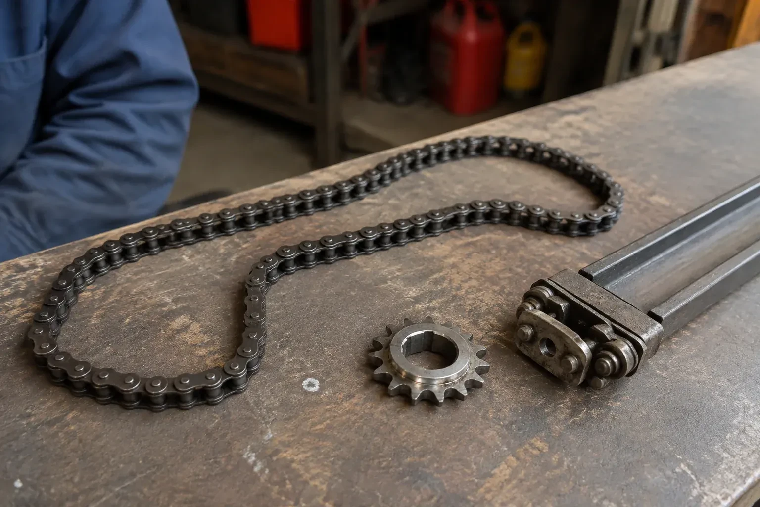 A detached metal roller chain, toothed sprocket and rail component rest on a worn garage workbench. — Chain-Drive Opener Repair, Whitchurch-Stouffville
