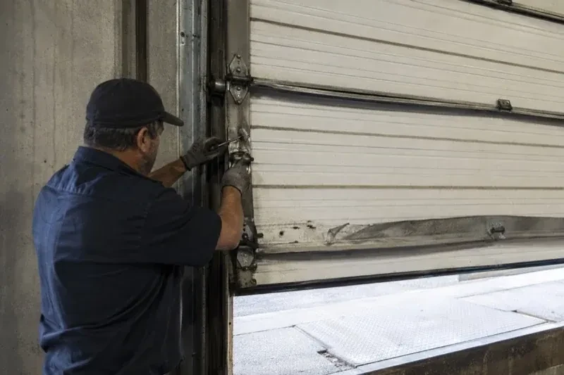 Person holding tools at the side hinge of a partly raised industrial sectional door — Commercial Sectional Door Repair, Whitchurch-Stouffville