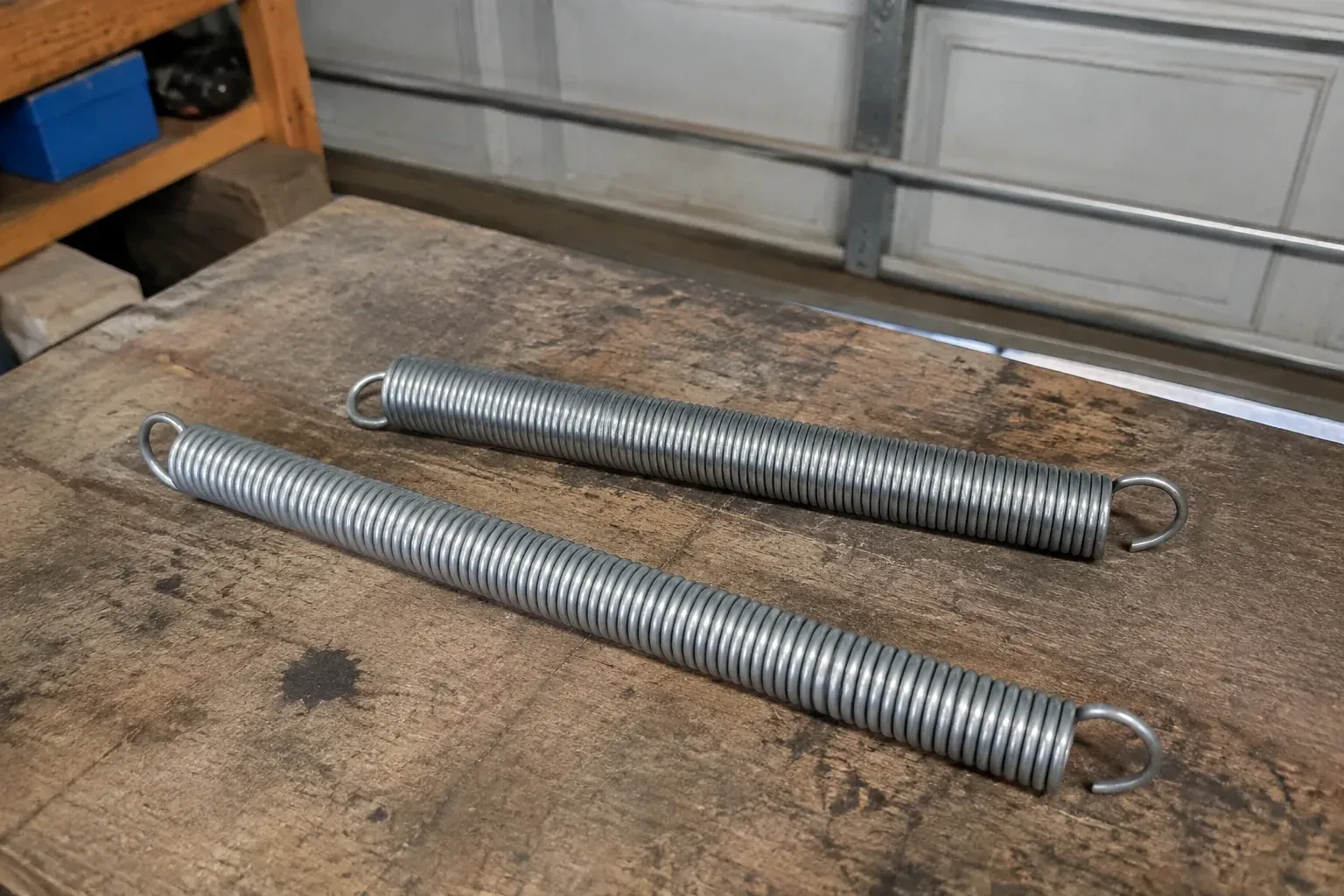Two detached extension springs with hooked ends on a garage bench. — Extension Spring Replacement, Whitchurch-Stouffville