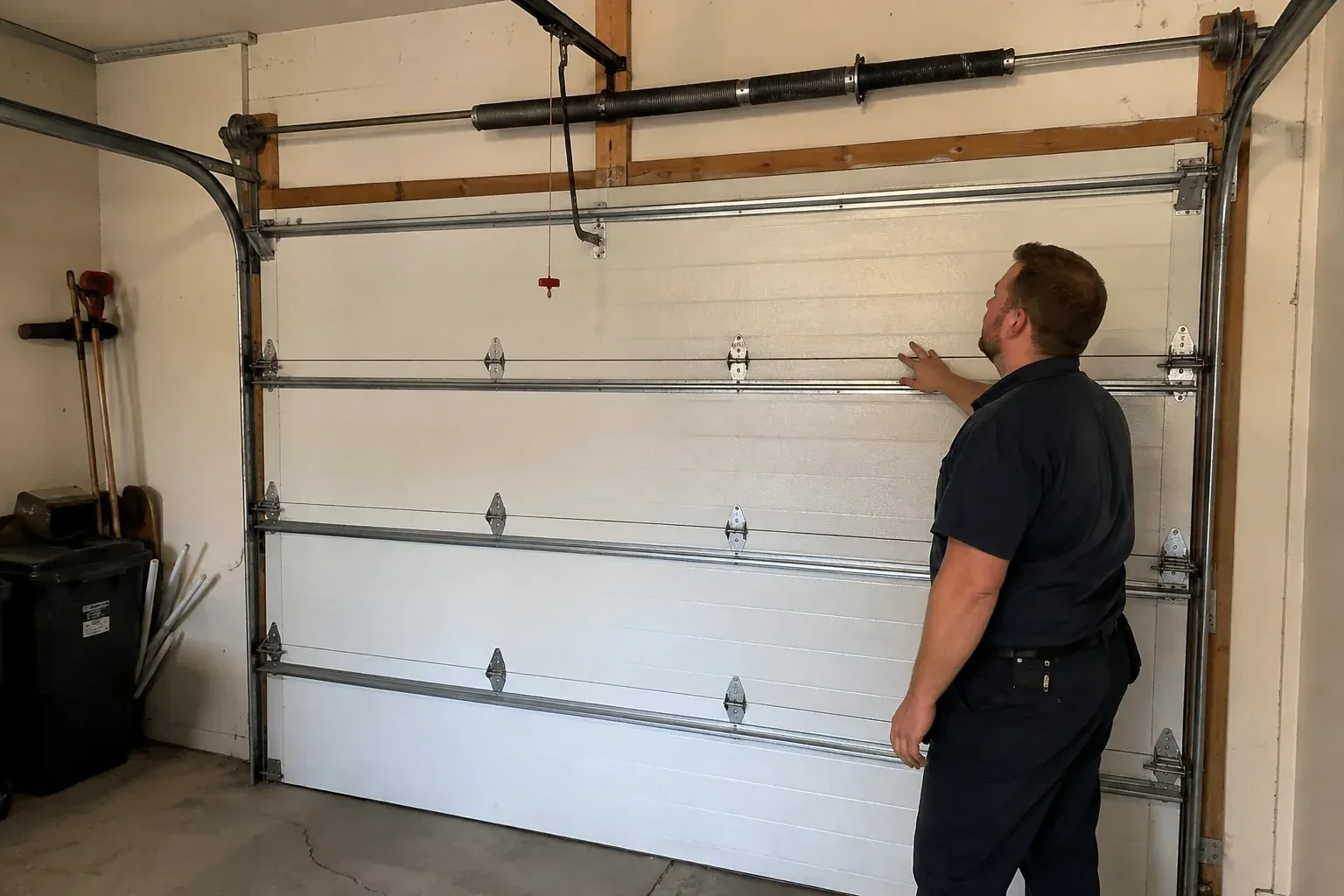 A person stands beside a closed sectional door beneath its overhead spring assembly. — Garage Door Balance Adjustment, Whitchurch-Stouffville