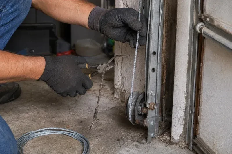 Gloved hands holding a bright cable and pliers gripping a frayed cable beside a garage-door track and pulley. — Garage Door Cable Replacement, Whitchurch-Stouffville