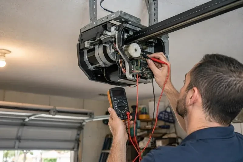 Person holding a multimeter and a red probe near the exposed circuit board of an overhead garage-door opener. — Garage Door Opener Diagnosis and Repair, Whitchurch-Stouffville