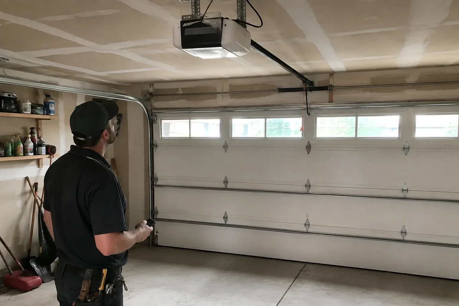 A person looks at an overhead opener above a closed garage door with a row of windows. — Garage Door Opener Replacement, Whitchurch-Stouffville