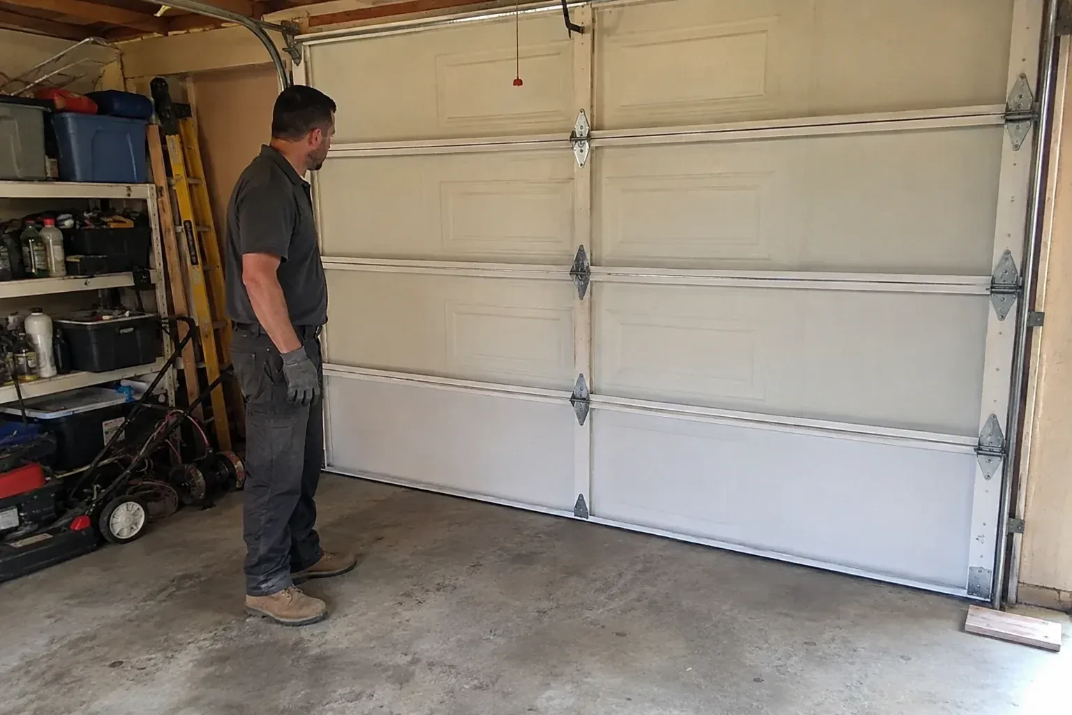 A person examines the interior panels and hinges of a closed sectional garage door. — Garage Door Panel Replacement, Whitchurch-Stouffville