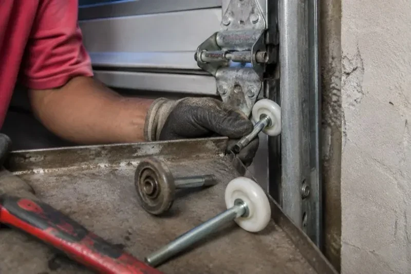 Gloved hand holding a white garage-door roller beside its track, with two loose rollers and a red tool on a tray. — Garage Door Roller Replacement, Whitchurch-Stouffville