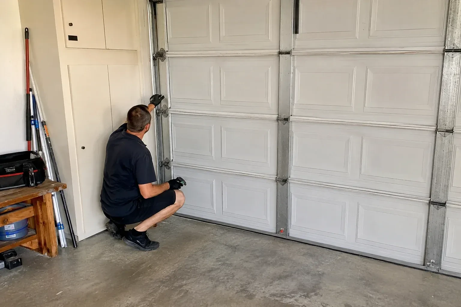 A person kneels beside the side track and hinges of a closed sectional garage door. — Garage Door Safety Inspection, Whitchurch-Stouffville