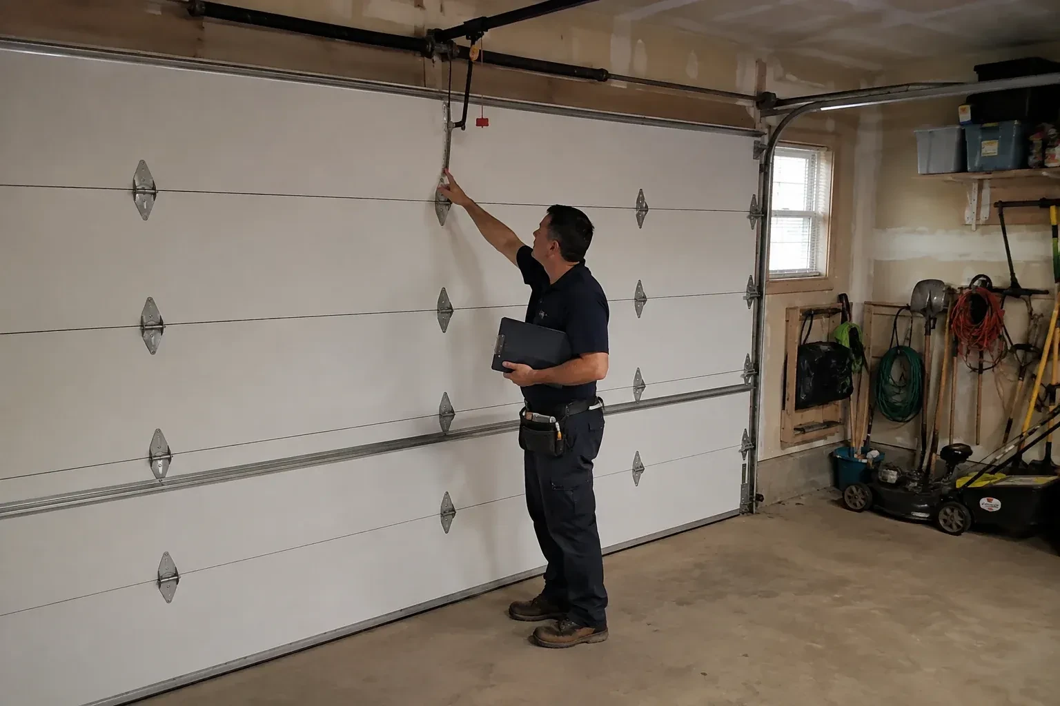 A person holding a clipboard examines the interior hardware of a closed garage door. — Garage Door Tune-Up, Whitchurch-Stouffville