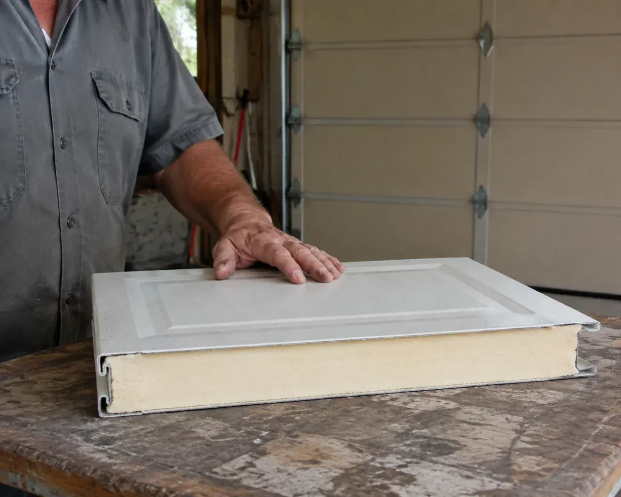 A panel sample exposes a cream foam core between thin metal faces on a garage workbench. — Insulated Steel Garage Door Installation, Whitchurch-Stouffville