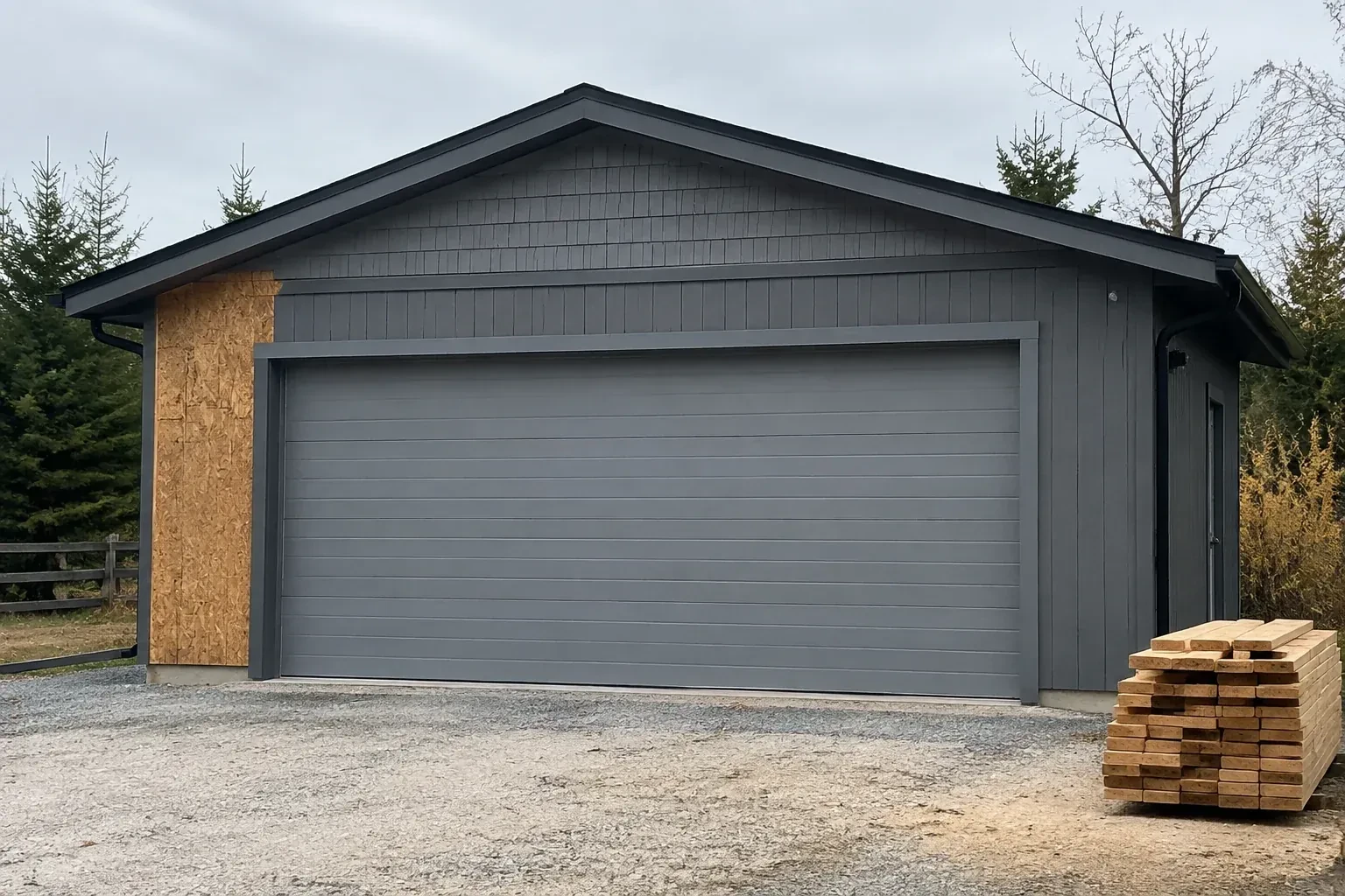 Closed grey garage door on a partly finished building beside stacked lumber. — New-Construction Garage Door Installation, Whitchurch-Stouffville