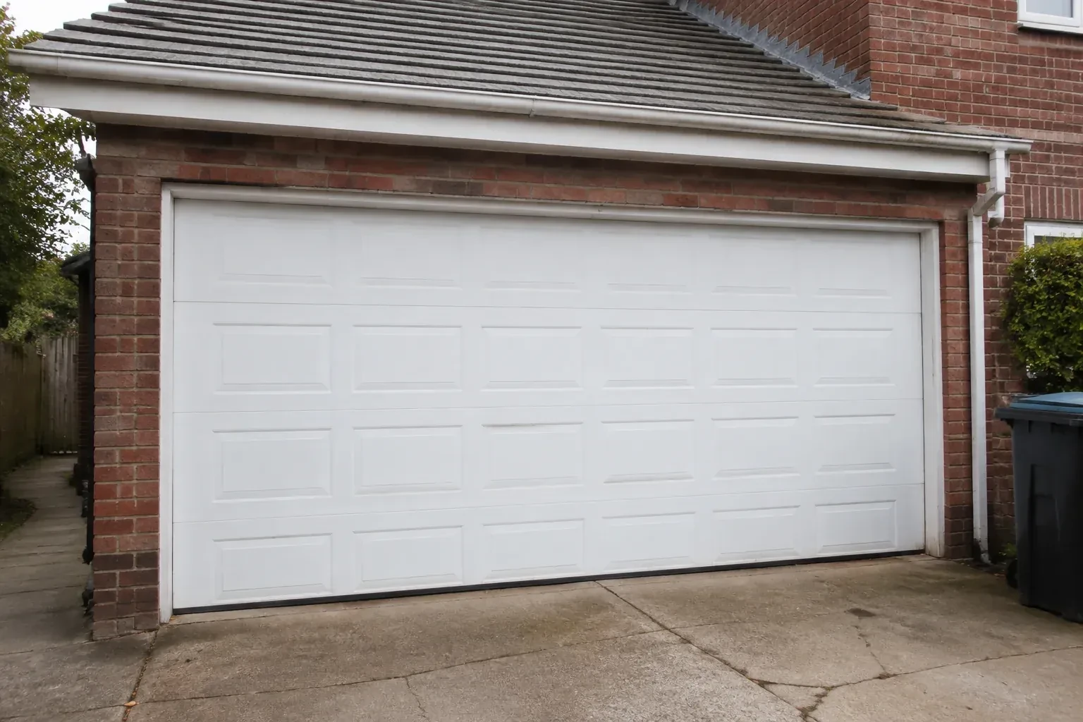 Closed white sectional garage door at an ordinary brick house. — Sectional Garage Door Replacement, Whitchurch-Stouffville