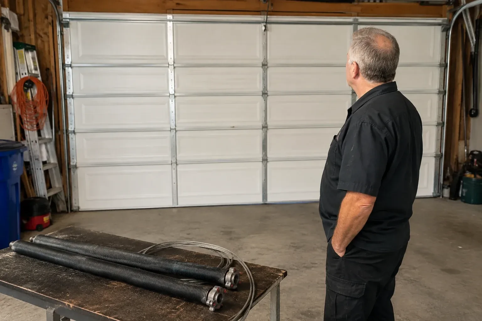 Detached coil springs with end fittings and a cable rest on a bench in front of a closed garage door. — Torsion Spring Replacement, Whitchurch-Stouffville