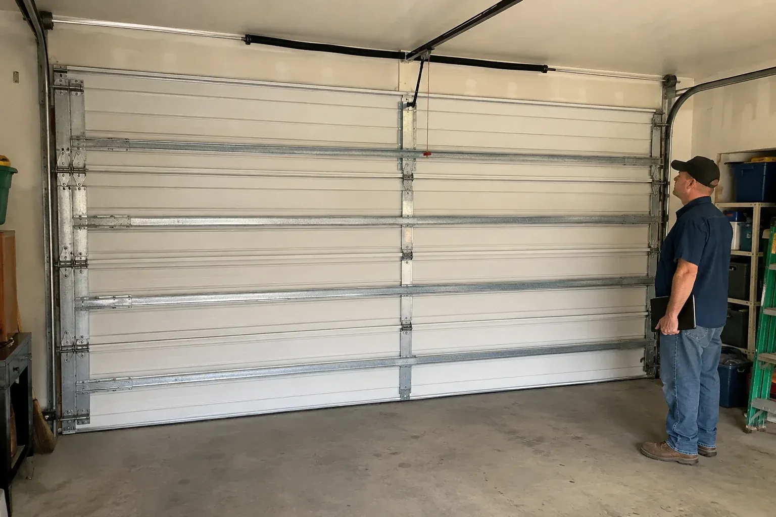 A person examines horizontal metal reinforcement members across the interior of a closed garage door. — Wind-Rated Garage Door Replacement, Whitchurch-Stouffville